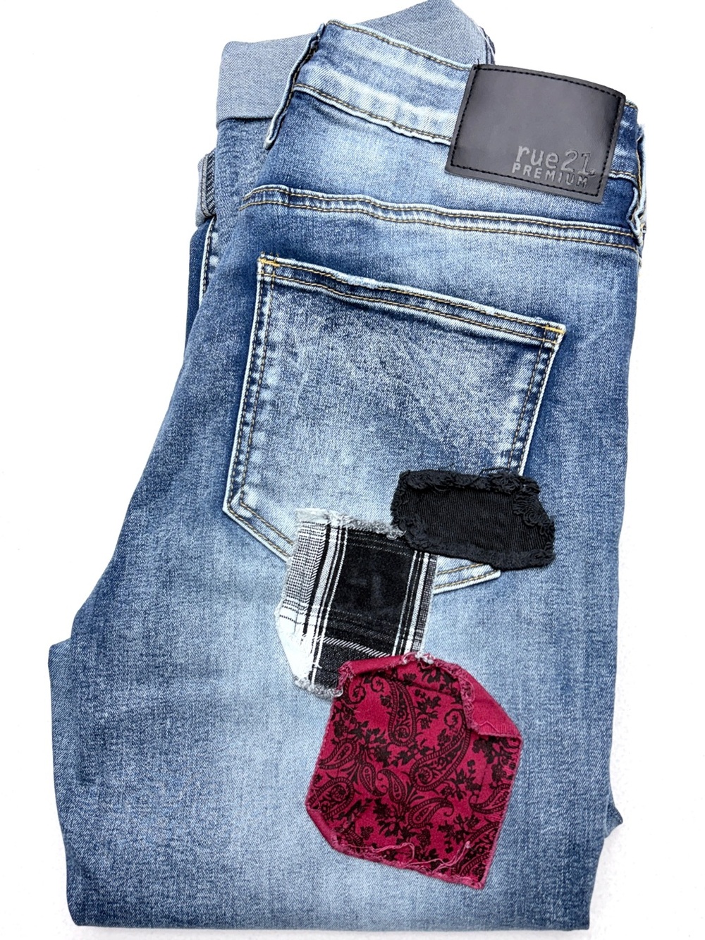 Rue21 Skinny Jeans Supreme Flex Patchwork Paisley Plaid Men’s 32x32
